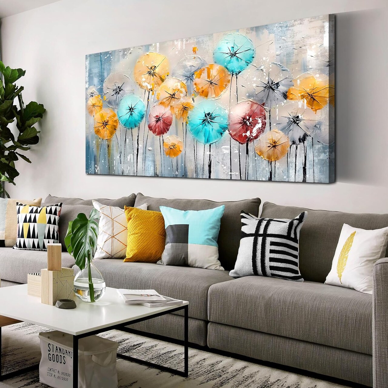 Flower Wall Art for Living Room, Dandelion Canvas Wall Decor for Bedroom, Colorful Abstract Print Painting Picture, Large Size 48x24 Inches
